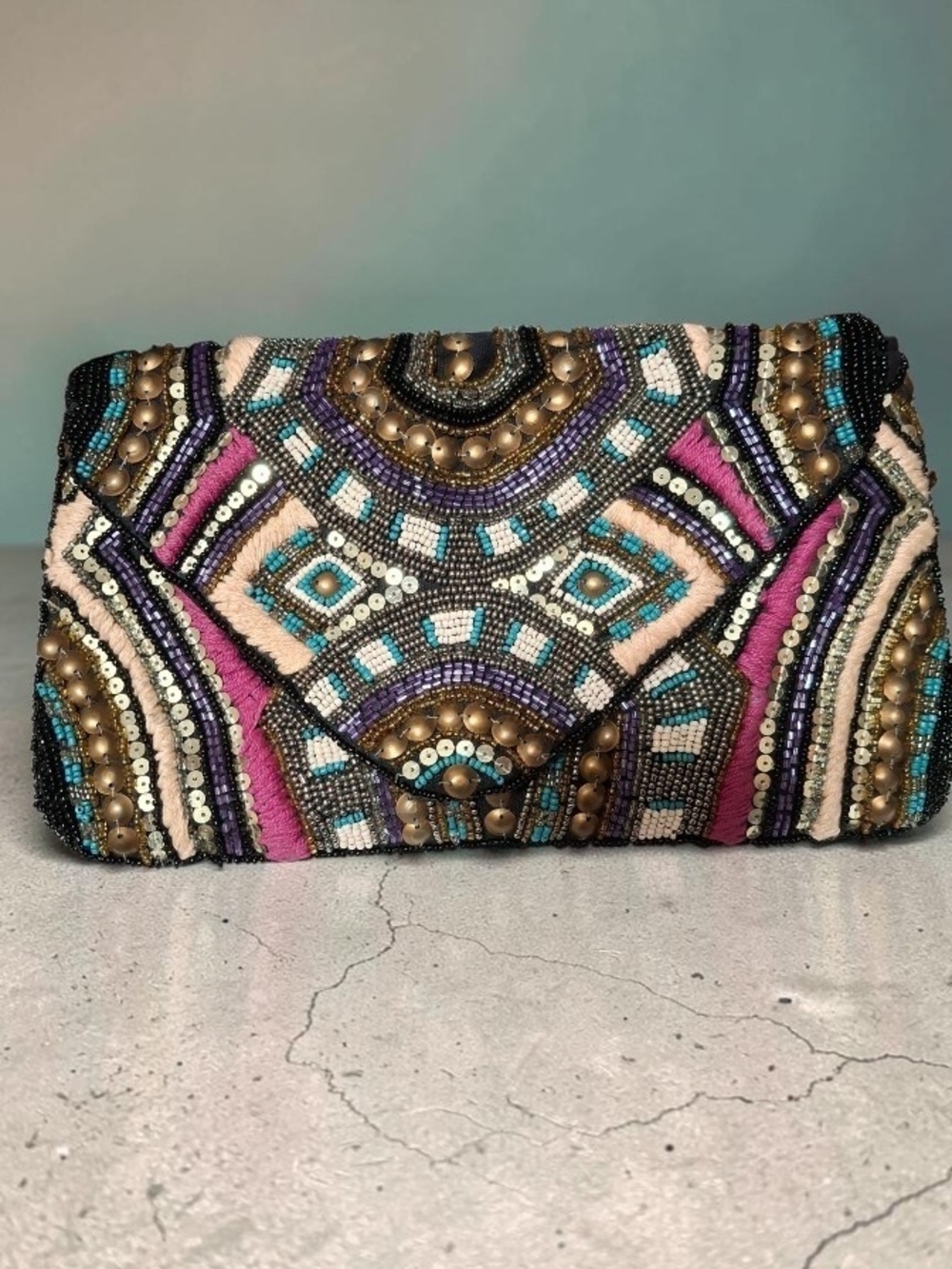 Beaded Geometric Envelope Clutch Crossbody Bag in Pink, Turquoise & Gold